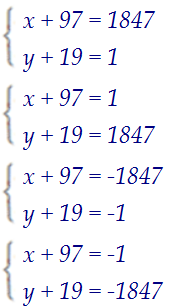 Решите в целых числах уравнение 19x + 97y + xy = 4